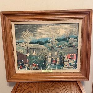 Charming Grandma Moses Countryside Art Print in Wooden Frame